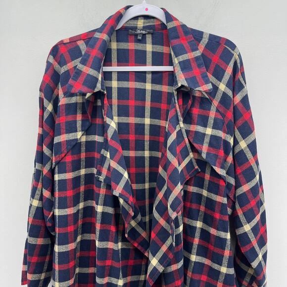 Andree By Unit Navy Blue Red Cream Plaid Flyaway Flannel - Picture 3 of 6